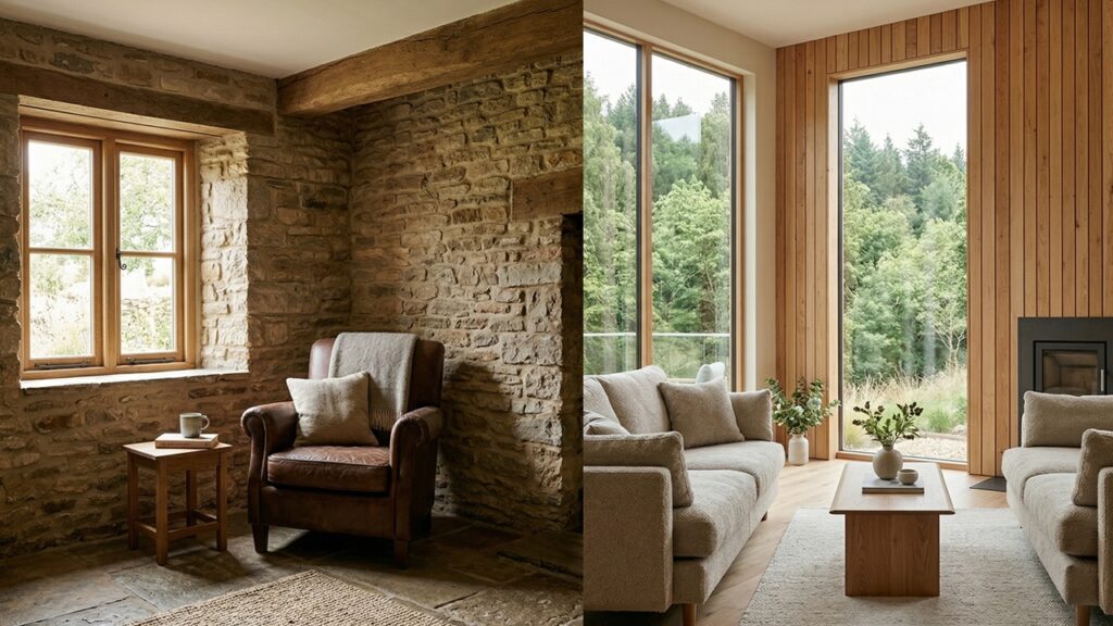 Innenraumvergleich von Steinhaus und Holzhaus mit natürlichen Materialien