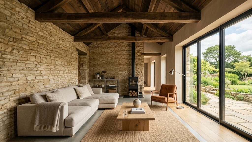 Modern renovierter Innenraum eines Steinhauses mit sichtbarer Natursteinwand