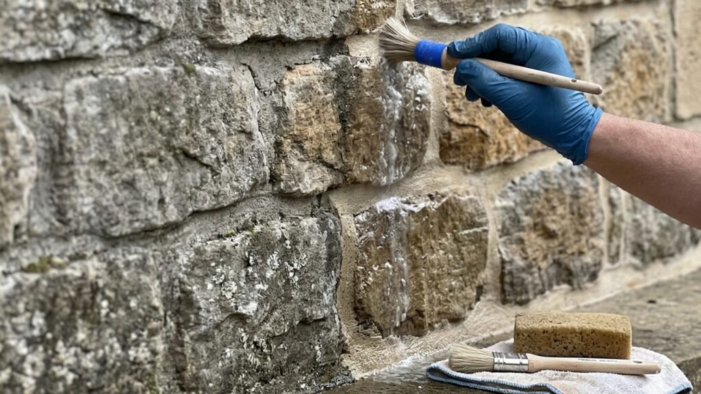 Detailaufnahme einer Natursteinfassade mit Fugen und Steinstruktur