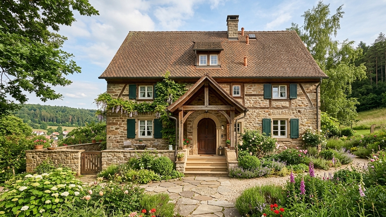 Traditionelles Steinhaus mit Natursteinfassade und Garten in Deutschland