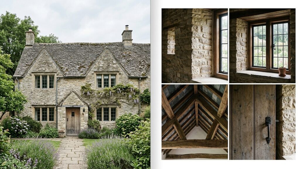 Bauliche Details eines Steinhauses mit Natursteinwand und Dachbereich