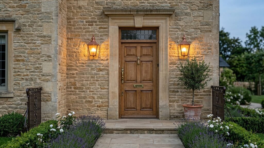 Eingangsbereich eines Steinhauses mit Natursteinfassade und Holztür