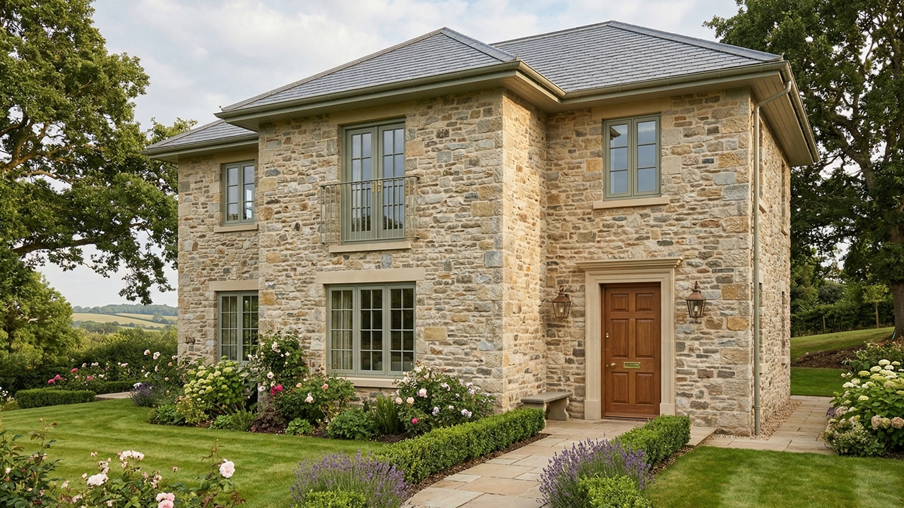 Elegante Fassade eines Steinhauses mit Naturstein und Holzfenstern