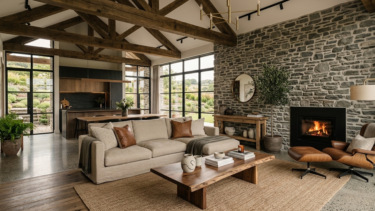 Moderner Innenraum in einem Steinhaus mit Natursteinwand und Holzdetails