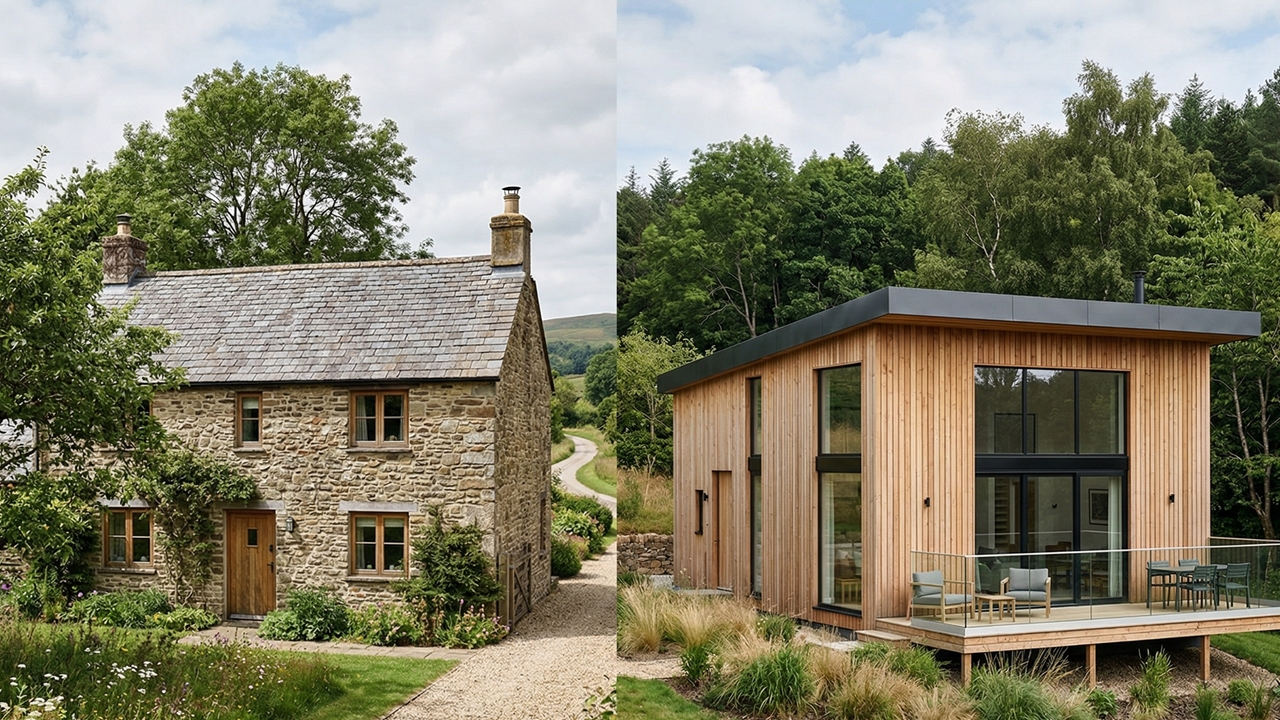 Vergleich zwischen einem Steinhaus und einem Holzhaus