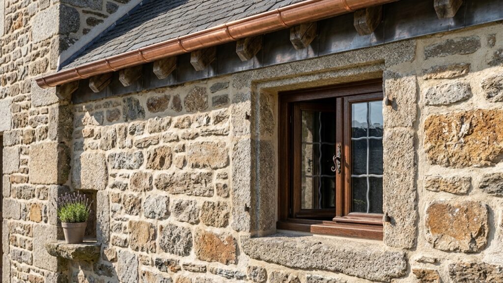 Natursteinwand eines alten Steinhauses mit sichtbaren Baudetails