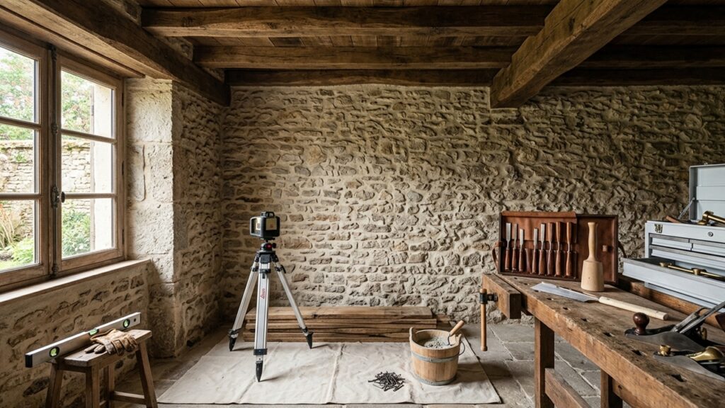 Innenraum eines Steinhauses während der Renovierung mit sichtbarer Natursteinwand