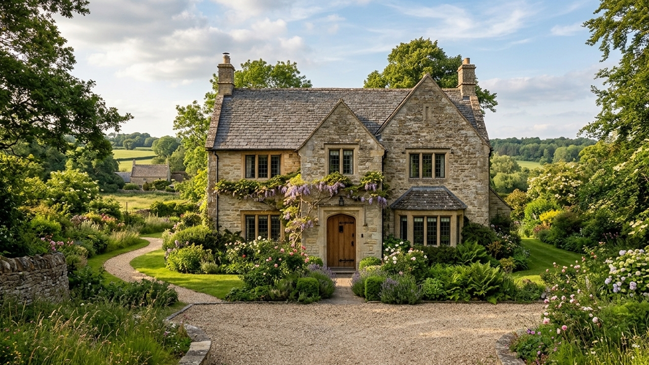 Schönes Steinhaus mit Natursteinfassade in ländlicher Umgebung
