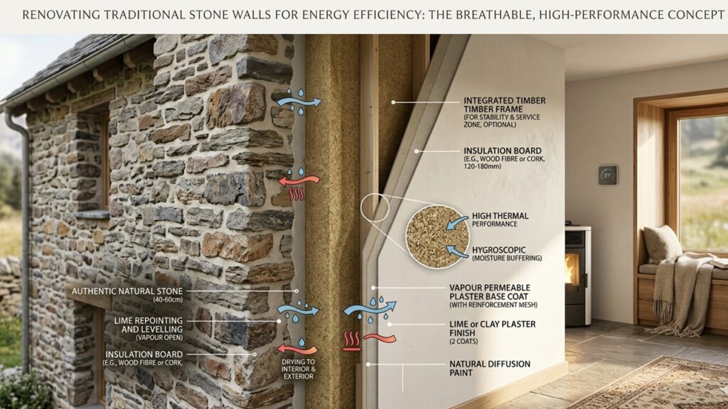 Wandaufbau eines Steinhauses mit Fokus auf Dämmung und Feuchtigkeit