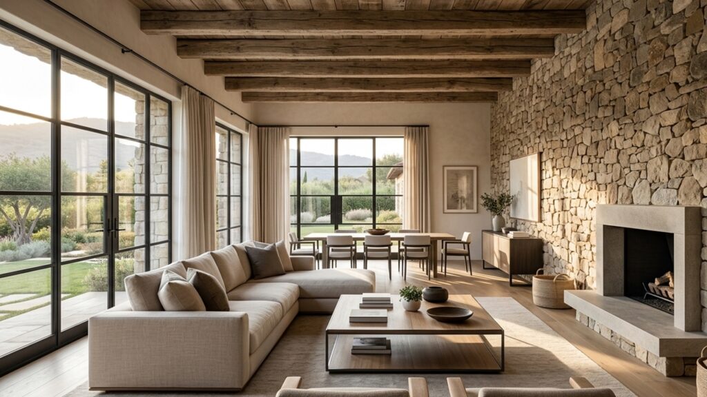 Gemütliches Wohnzimmer im Steinhaus mit moderner Einrichtung